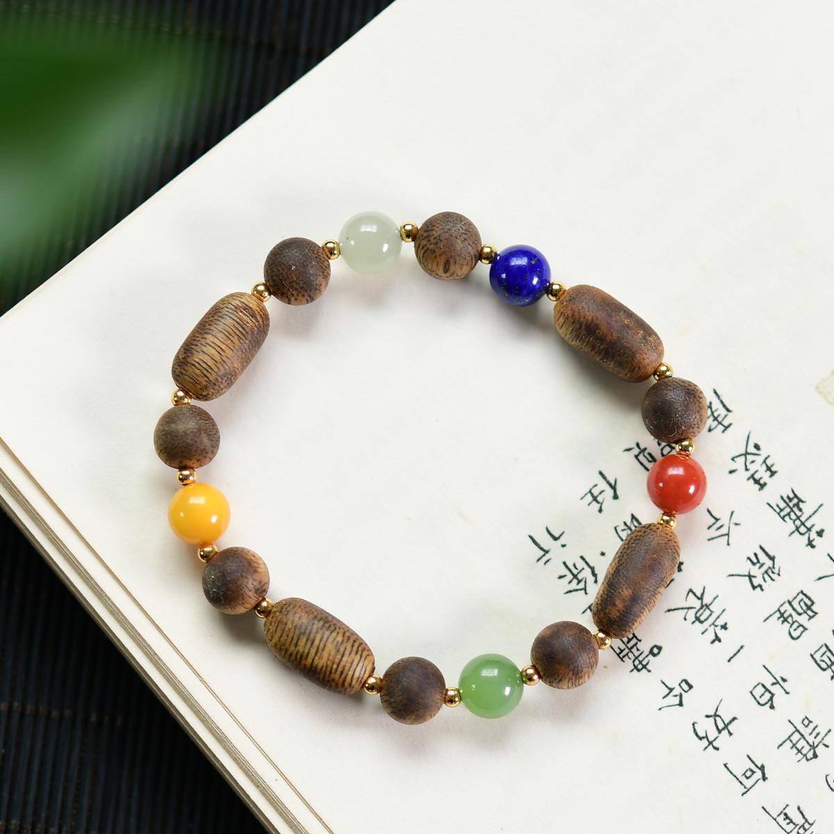 New Chinese Style Agarwood, Hetian Jade, Red Agate, Amber, Lapis Lazuli Multi-Gemstone Bracelet (Oil-Free) Agarwood