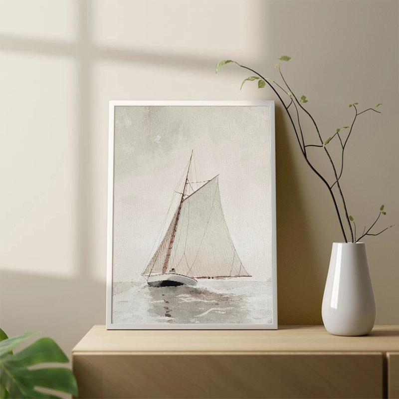 Vintage Neutral Sailboat Print Antique Nautical Sketch Art Poster Coastal Seascape Wall Art Canvas Painting Lake House Decor