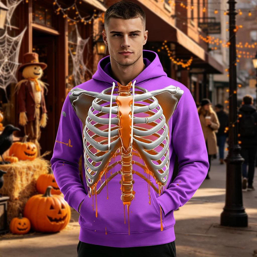 Men's Halloween Funny Skeleton Print Long Sleeve -Lined Pullover Hoodie with Pocket
