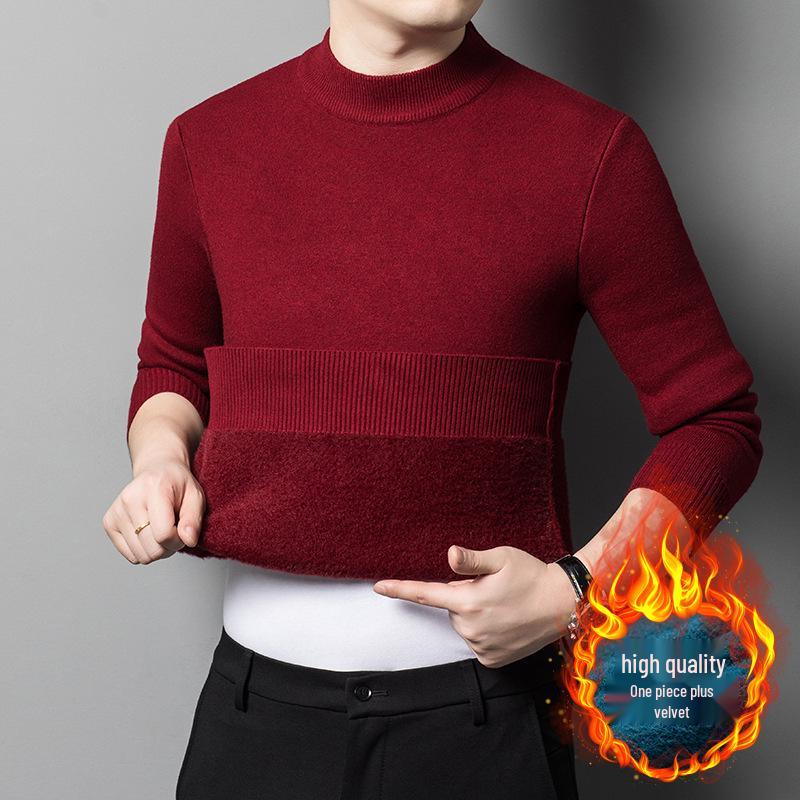 Мужской осенне-зимний вязаный свитер из бархата - Полувысокий воротник, Утепленная базовая модель. M