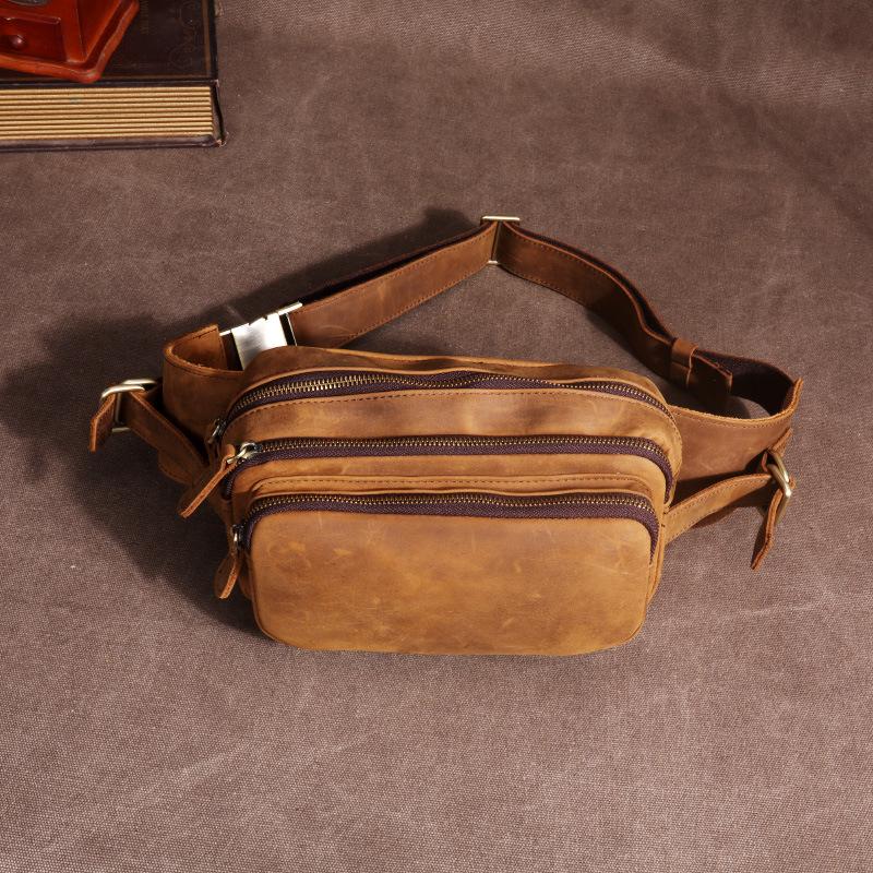 Real Leather Men's Bag, Multifunctional Men's Chest Bag, Cowhide Shoulder Crossbody Phone Bag, Crazy Horse Leather Waist Bag