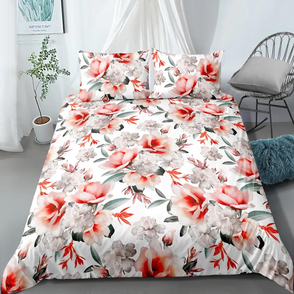 3D Flower Printed King Queen Duvet Cover Orange Beautiful Floral Bedding Set For Girl Women Plant 2/3Pcs Polyester Quilt Cover