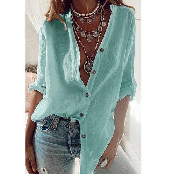 Spring Autumn Women Solid Color Cotton Linen Roll Up Long Sleeve Shirt Turn Down Collar Loose Oversize Tops