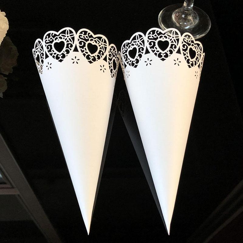WTEMPO Laser Cutout Flower Tube 50pcs DIY White Love Heart Conical Paper Lace Perfect for Wedding Birthday Party Decorations