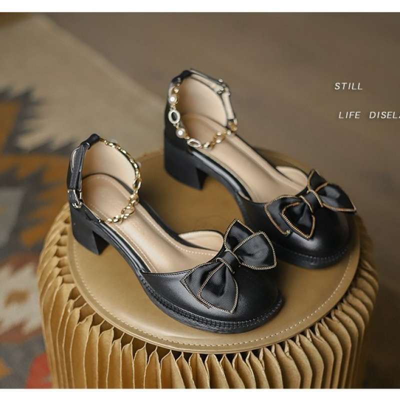 

Bow Mary Jane shoes French thick heel new high heels sandals women s outer wear temperament gentle bag head sandals women 40 чёрный