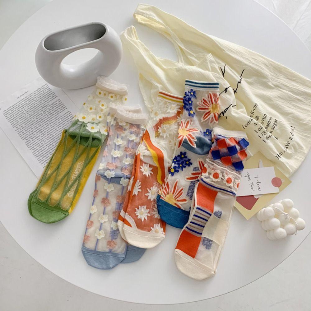 5Pairs Glass Silk Tulle Mid Tube Socks Mesh Sweet Socks Women Soft Transparent Flower Socks  Girl