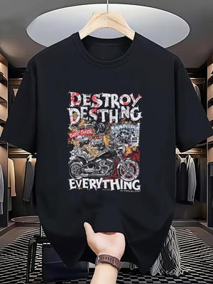 Mens Destruction of Fate Motorcycle Graphic Tshirt Black Bold Destruction of Everything Printing and Motorcycle Engine Design