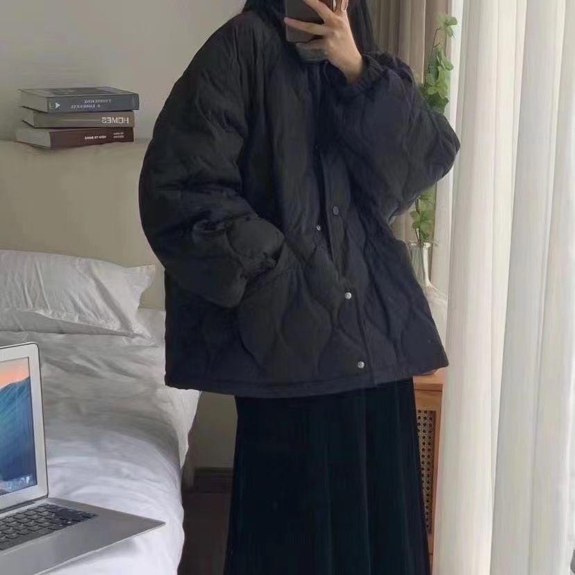 Japanese Student Women's Retro Blue POLO Collar Warm Cotton Workwear Jacket