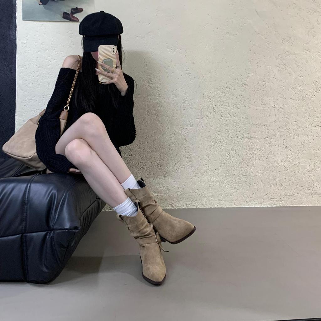 Mid-heeled Boots Retro Stacking Boots V-mouth Martin Boots Women's Shoes 2025 Autumn and Winter New Small Square Head Western Boots Short Boots