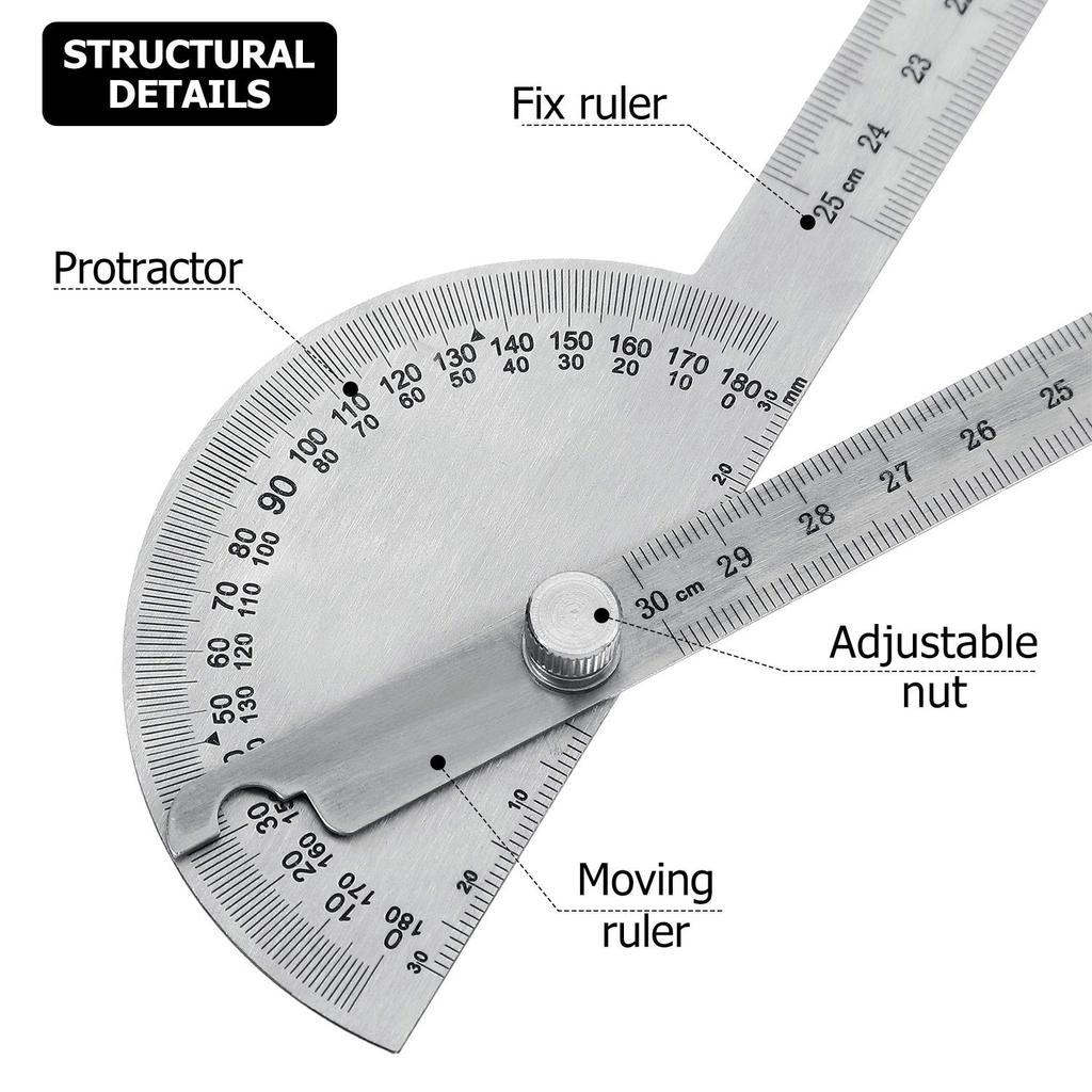 Angle Protractor Angle Finder Ruler Two Arm Stainless Steel Protractor Woodworking Ruler Measure Tool with 0-180 Degrees(30 Cm/ 11.8 Inch)