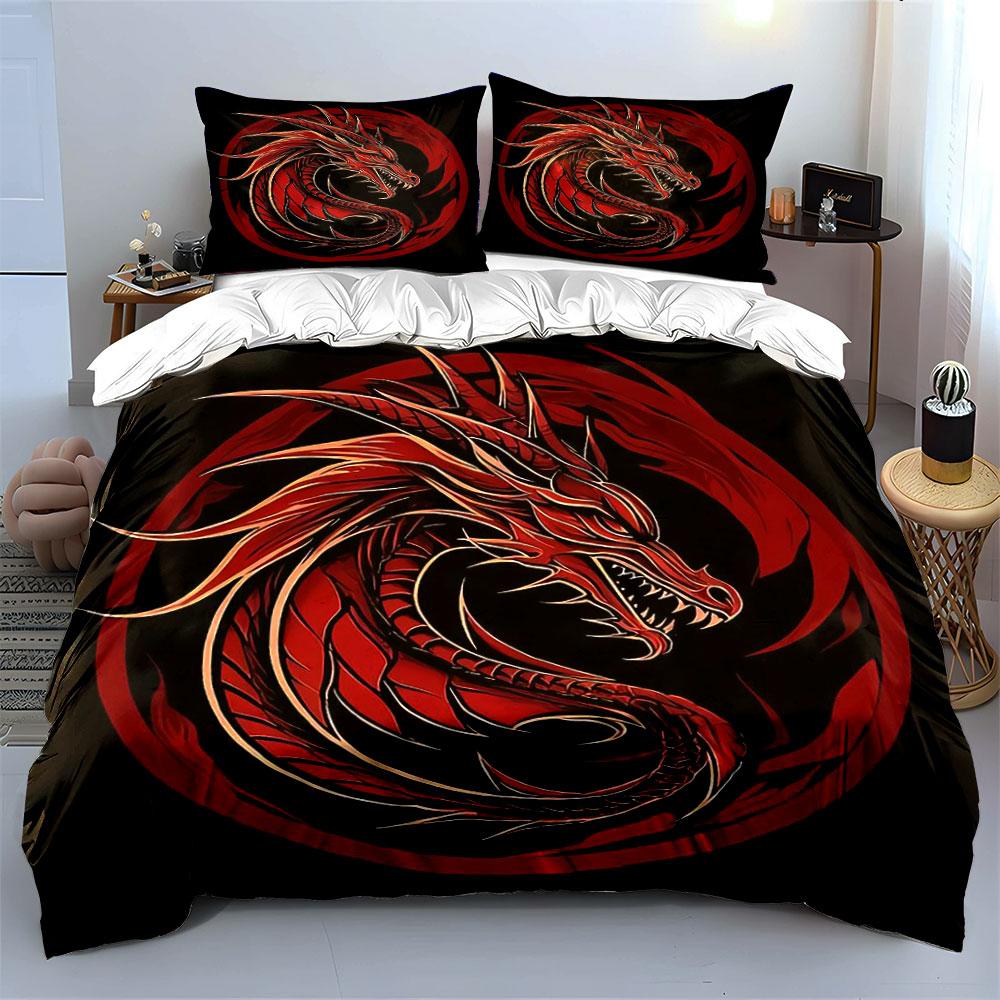 3Pcs Red Chinese Dragon Circular Frame Duvet Cover SetBlack Base Oriental Lucky Bedding with 1 Duvet Cover 2 PillowcasesGift