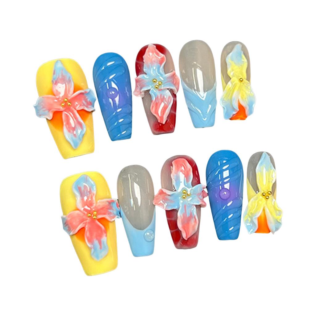 10PCS Colorful Fake Nails with Flower Decor with Zero Pressure On the Nail Bed Design for Working Dating or Partying