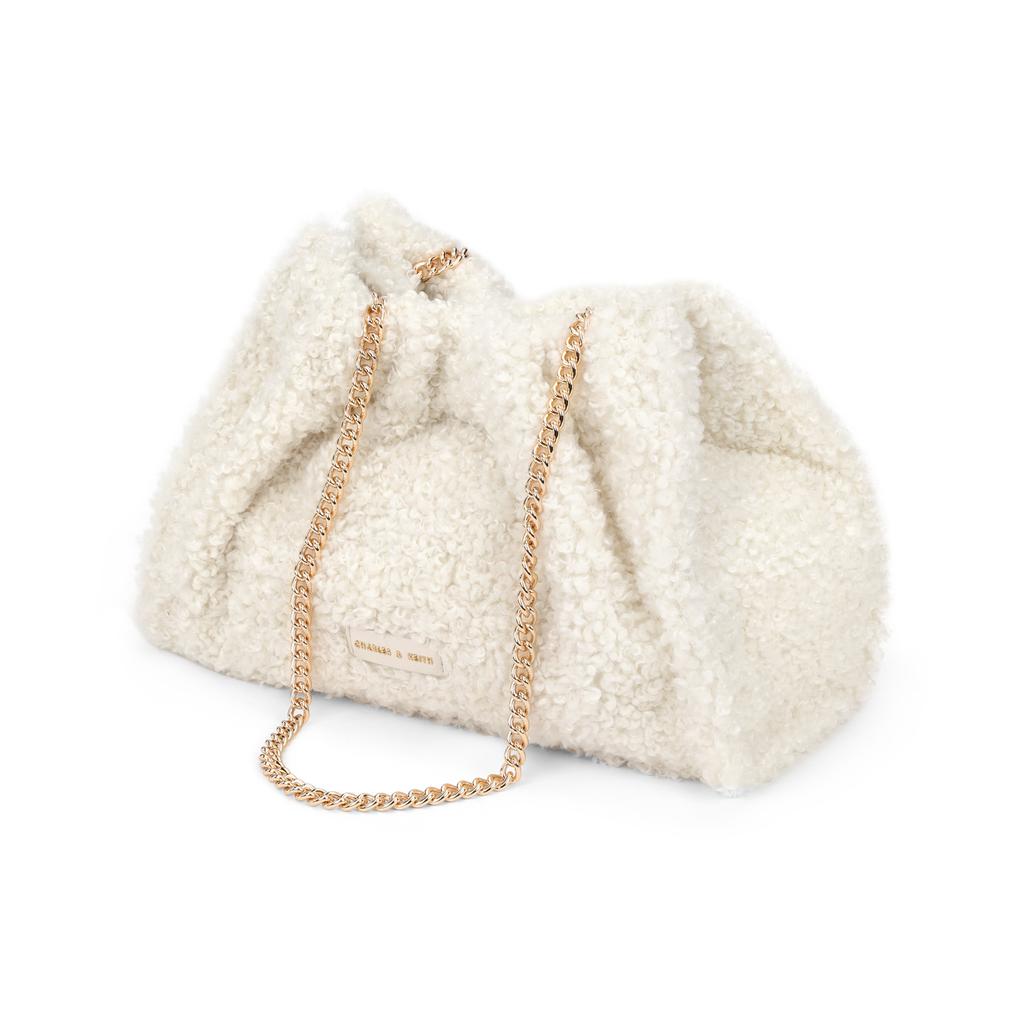 New CHARLES&KEITH Plush Tote Shoulder Bag Large Size Women's Cream Milk White CK2-20782266-1