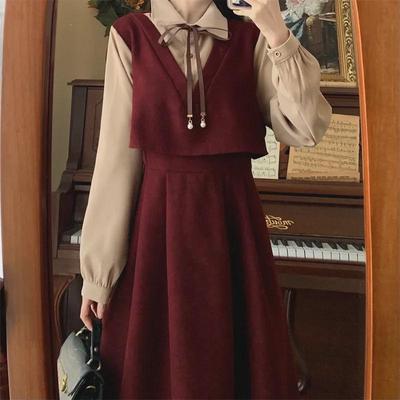 Rochie retro romantică franceză pentru femei: Toamnă/Iarnă, Iluzie din două piese, Design subțire pentru talie