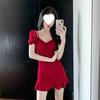 High-end Elegant Red Dress Lotus Leaf One-word Short-sleeved Fishtail Waist Clothes Pleated Suspender Short Dress