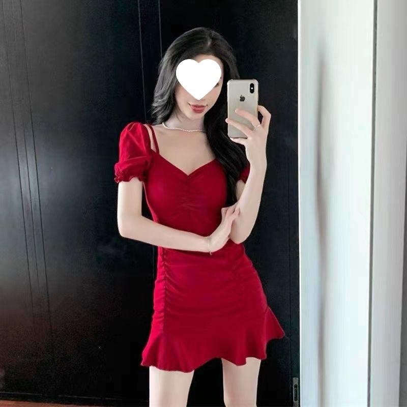 High-end Elegant Red Dress Lotus Leaf One-word Short-sleeved Fishtail Waist Clothes Pleated Suspender Short Dress