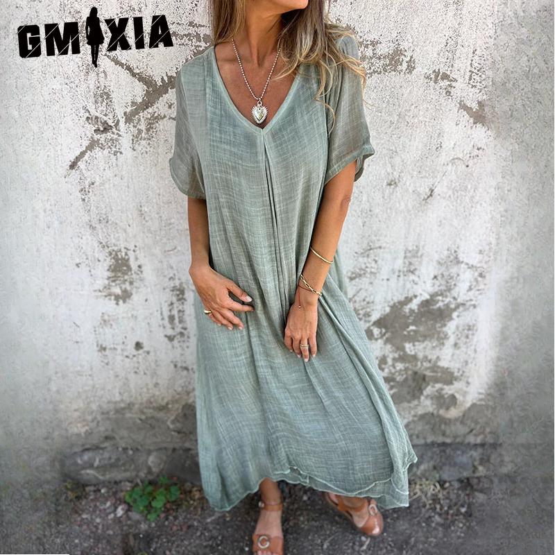 GMXIA Damenmode Sommer Frühling Einfarbiger Druck Kurzarm V-Ausschnitt Hohe Taille Freizeitkleider