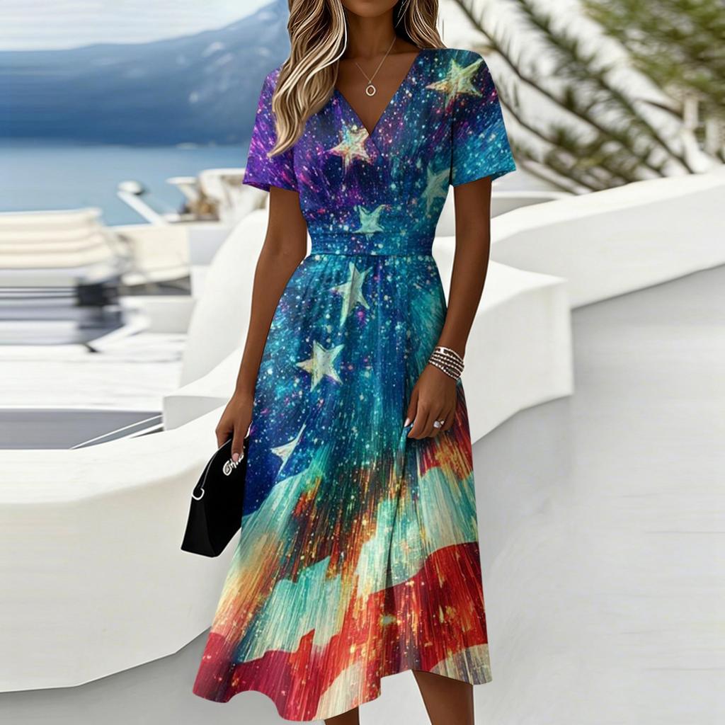 Women's Independence Day Print Casual Fashion Short Sleeve V-Neck Dress