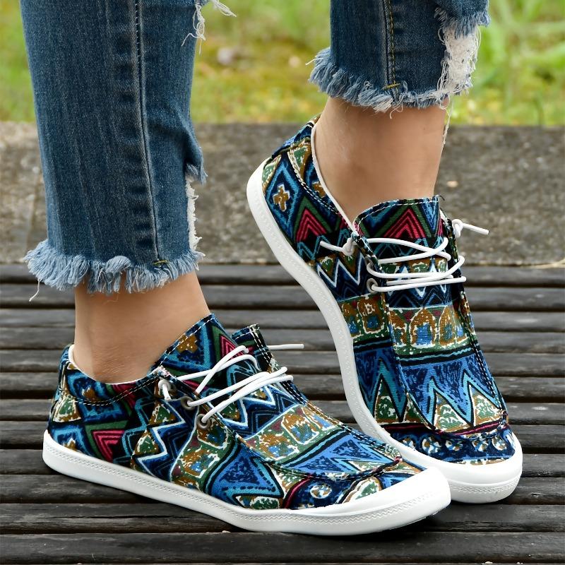 Women's Ethnic Geometric Pattern Lace-Up Slip-On Loafers - Breathable Fabric Round Toe Casual Boat Shoes with TPR Sole