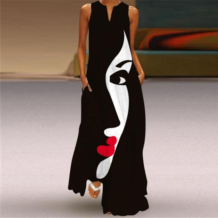 Women's Printed Sleeveless V Neck Summer Maxi Dress