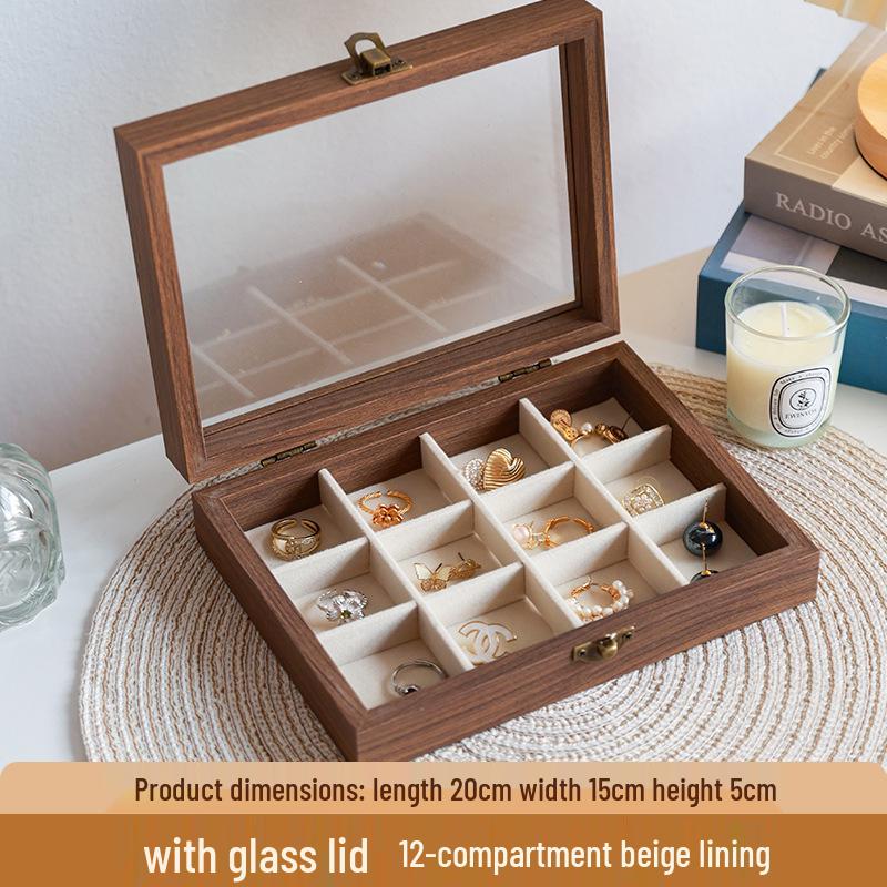 High-End Walnut Wood Grain Flip-Top Jewelry Box – Dustproof, Anti-Oxidation Ring Display