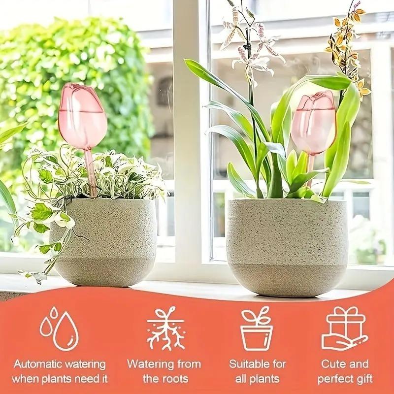 5PCS Plastic Pink Tulip Plant Watering Balls Narrow Outlet Design for Prolonged Dropping Suitable for Indoor and Outdoor Plants