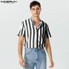INCERUN Men Summer Lapel Neck Short Sleeve Striped T-shirts Buttons Up Shirts Tops