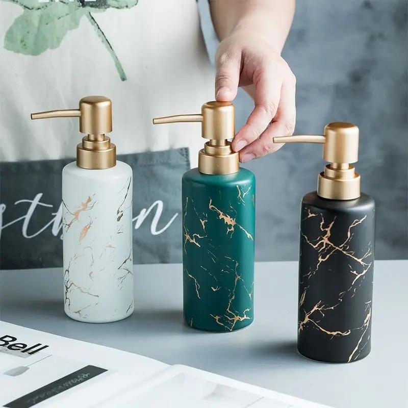 Luxe Goudkleurig Marmeren Keramische Lotion Fles Draagbare Zeepdispenser Badkameraccessoires Druk Shampoo Vochtigheidspak Fles