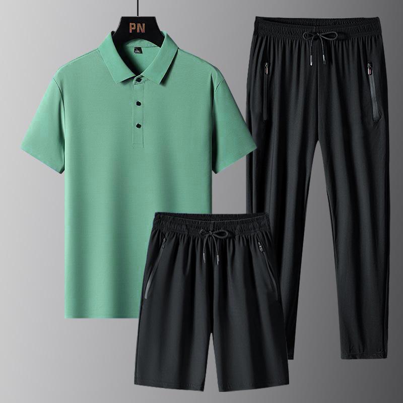 Men's Summer Silky Lapel POLO Shirt Short Sleeve Suit Youth Ice Silk Pants Casual Sports Two Sets