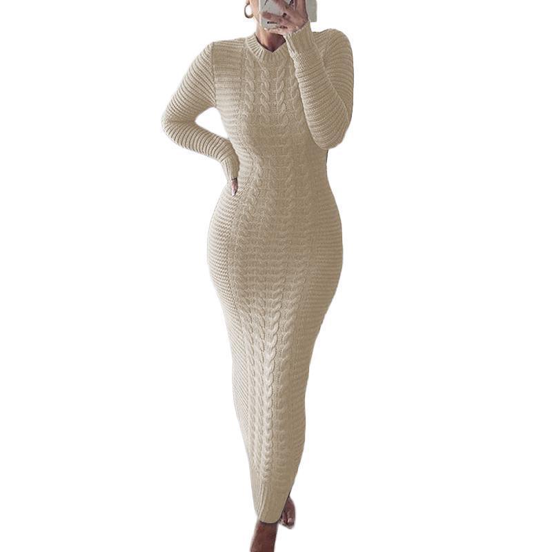 Autumn/Winter Women's Cable Knit Long-Sleeve Wool Dress