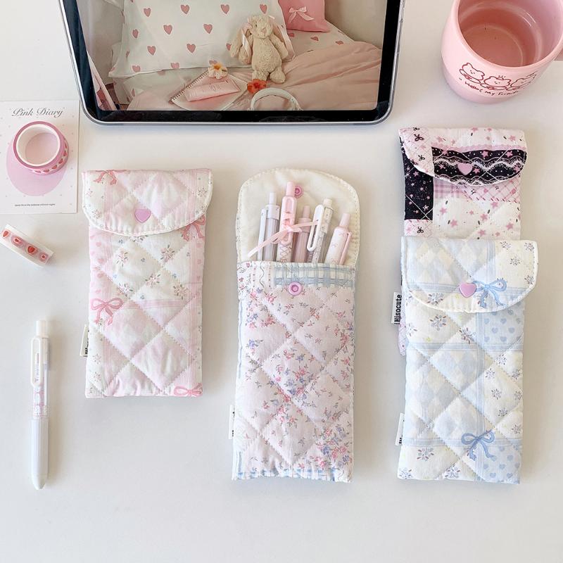 1Pcs  Floral Bow Snap Pen Bag Student Stationery Girl Portable Glasses Storage Bag Large Capacity Travel Makeup Bag Gifts