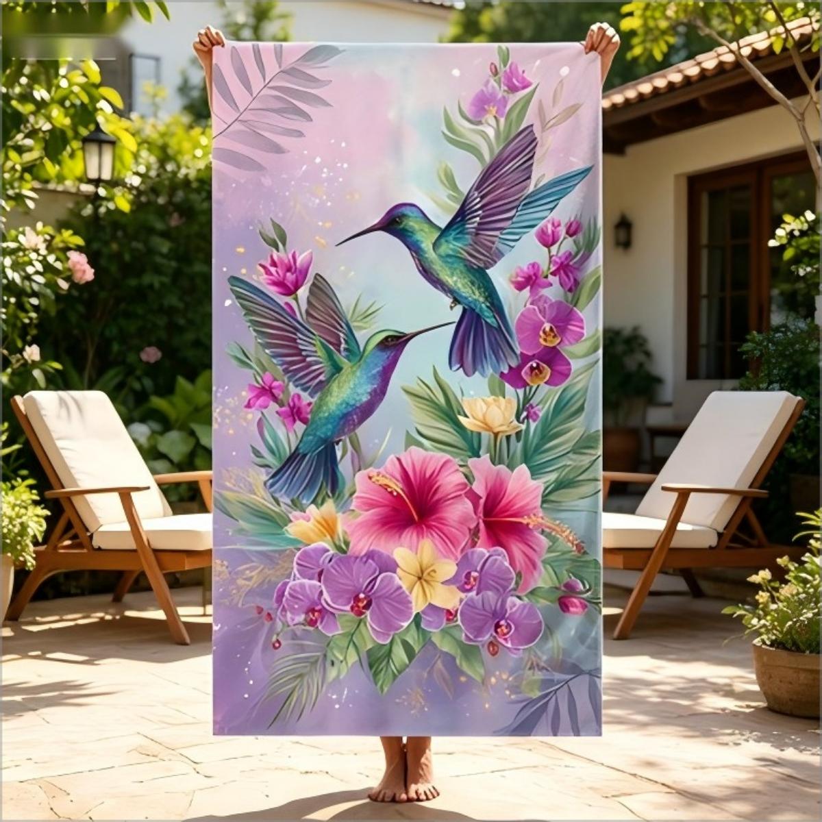 

Tropical Hummingbird Floral Print Beach Towel Hibiscus Orchid Flower Design Quick Dry Absorbent Microfiber Towel for Nature W30*H60(CM)