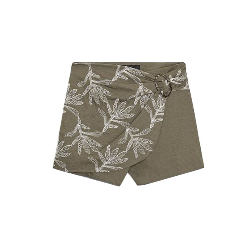 

Lapel Curling Short Sleeve Embroider Shirt 3564156 with Buckle Embroider Double Breasted High Waist Culottes 3564157 Khaki pants L