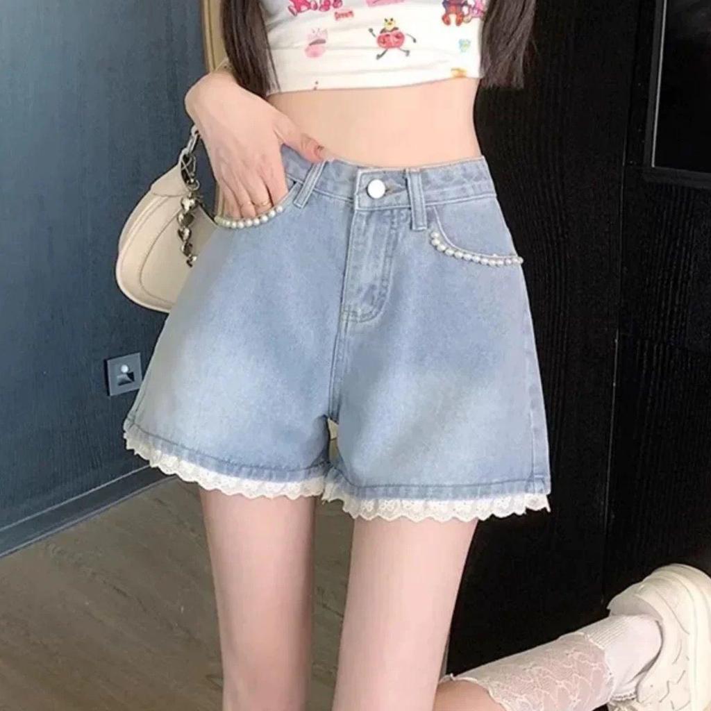 Women's Summer 2026 High Waist Beaded Lace Denim Shorts - Plus Size, Slimming, Versatile, Petite-Wide Leg