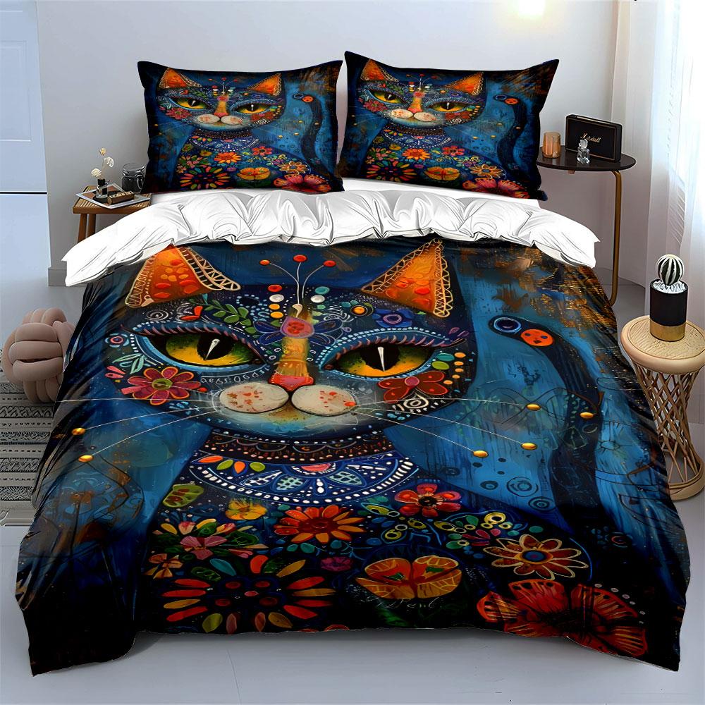 Colorful floral cat design. Bedding sets Duvet cover sets Duvet covers Pillowcases(1 * Duvet Cover 2 * Pillowcases without duvet insert)