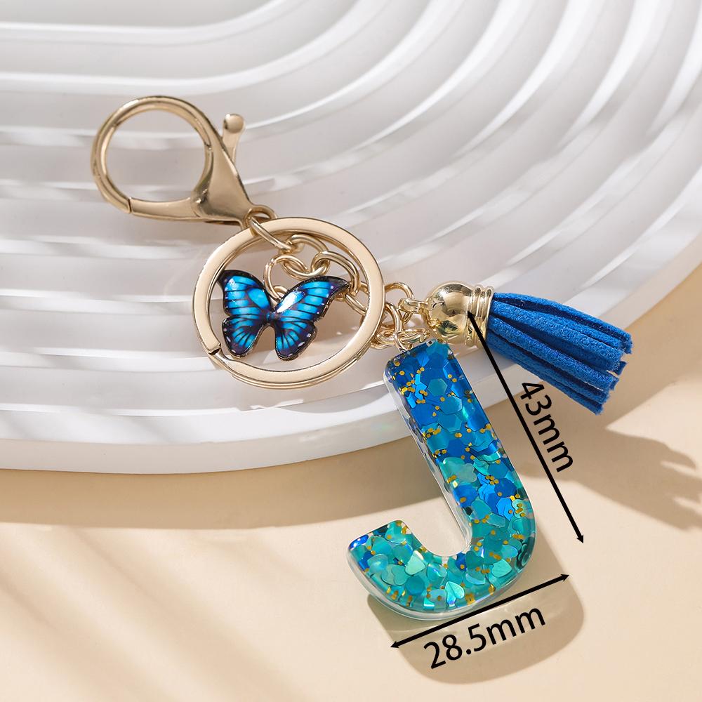 1pc Alloy Alphabet Initial Keychain Royal Blue Butterfly & Tassel Letter Keychain for Backpack Charm Accessory Key Ring Findings