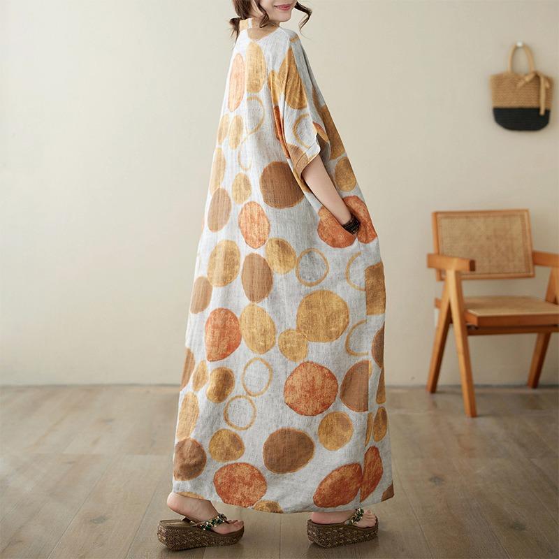 Real shot summer V-neck cotton and linen large size loose literary holiday wind beach skirt retro long robe woman
