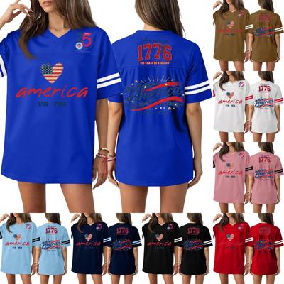 T-shirt Sport Haut Casual Mode Femme Col en V Impression Jour de l'Indépendance Manches Courtes