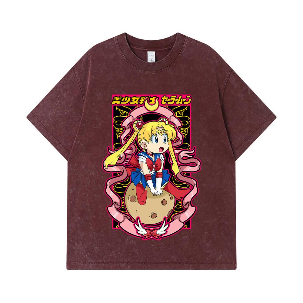 Koszulki 275 GSM Płukane 100% Bawełna Sailor Moon V10 Nadruk Usagi Unisex Ciężka Bawełniana Koszulka