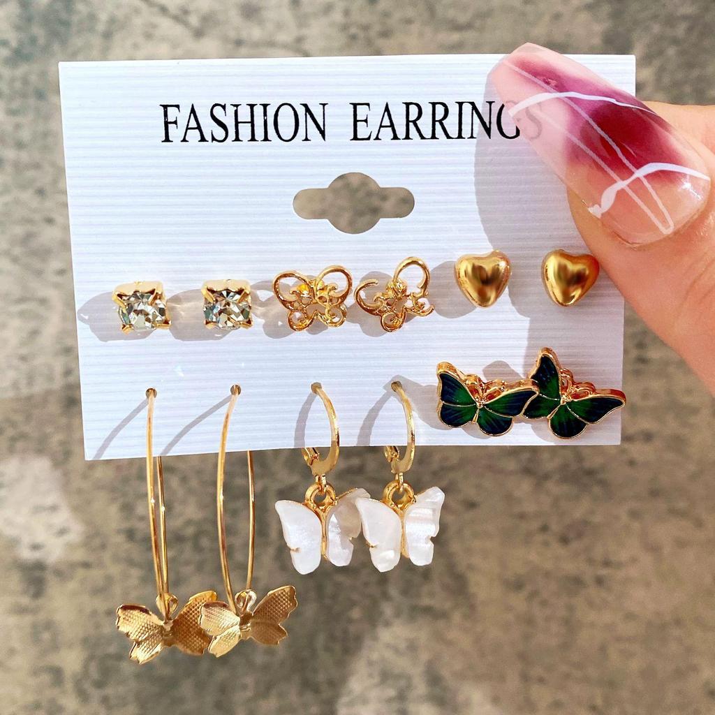 European & American Retro Geometric Hammered Textured Earrings 6-Piece Set: Creative Heart Diamond Stud & Alloy Earrings