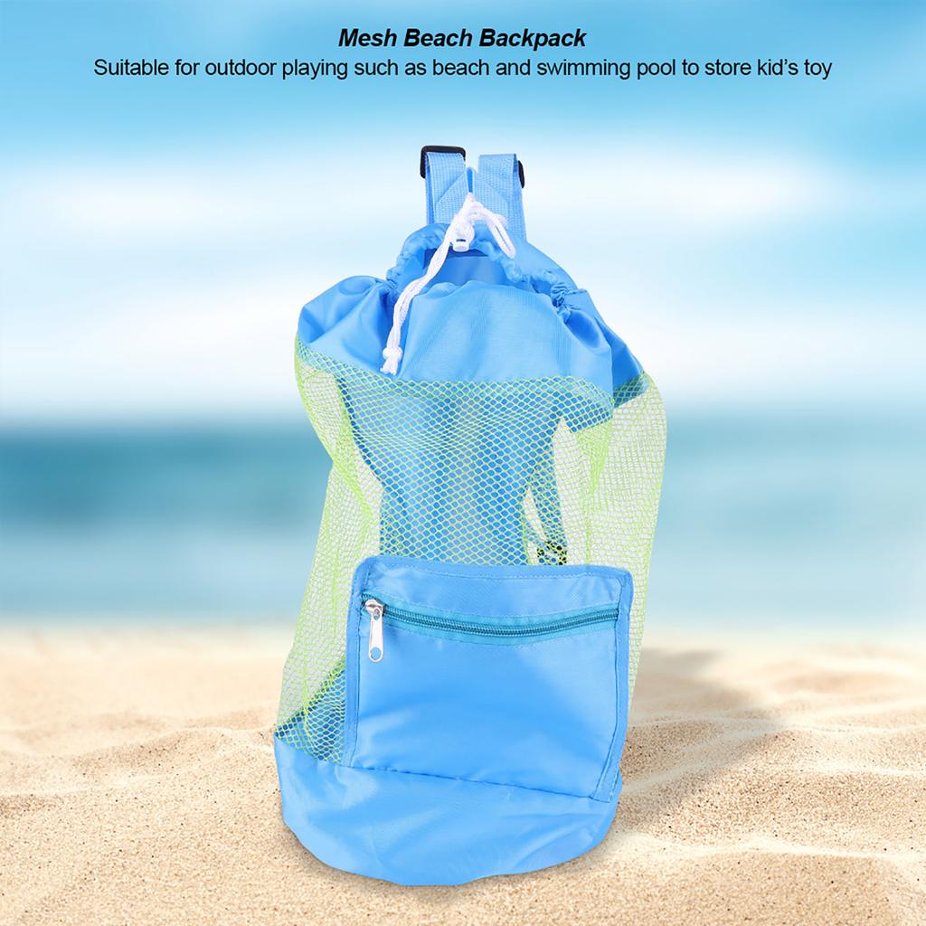 Portable Children Kids Mesh Drawstring Backpack Outdoor Beach Toy Storage Bag (Blue)