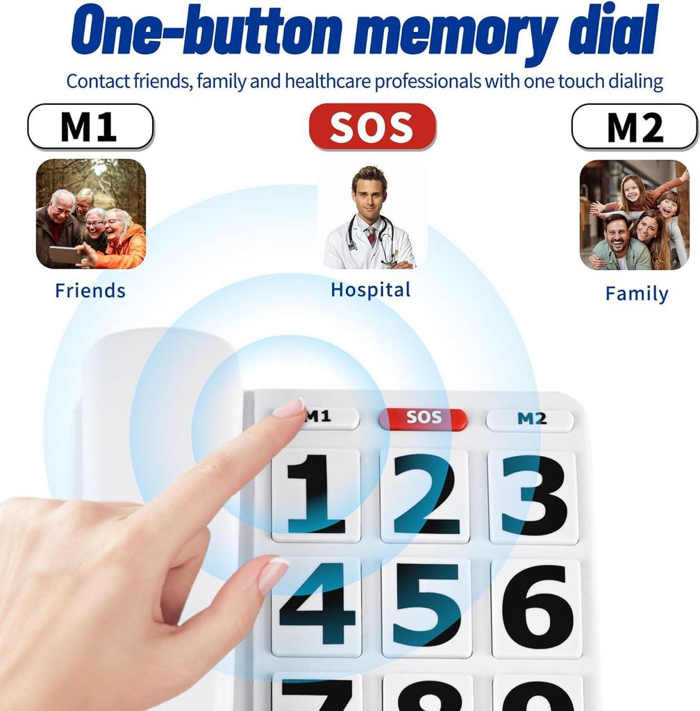 Drátový telefon s velkými tlačítky pro seniory, Nastavitelná hlasitost, Model v anglickém jazyce