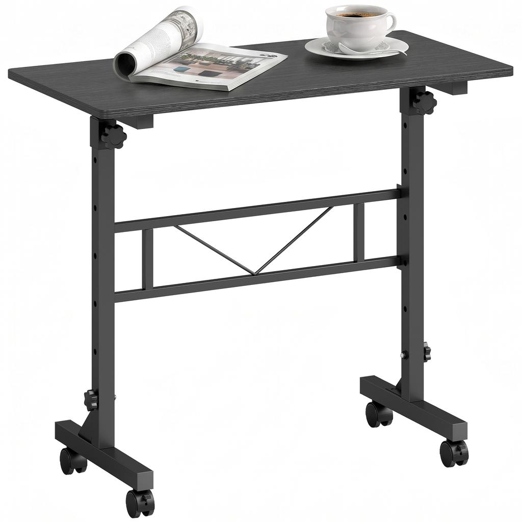 Overbed Table Adjustable Height Sofa Side Table with Wheels 80 x 40 cm Black