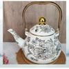 Enamel Coffee Pot Pear-Shaped Water Kettle Gold Handle 1.5L 2L 2.5L White Base With Peony