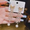 S925 Sterling Silver Korean Style Zircon Bow & Pearl Long Tassel Earrings for Women - Light Luxury Fairy Design