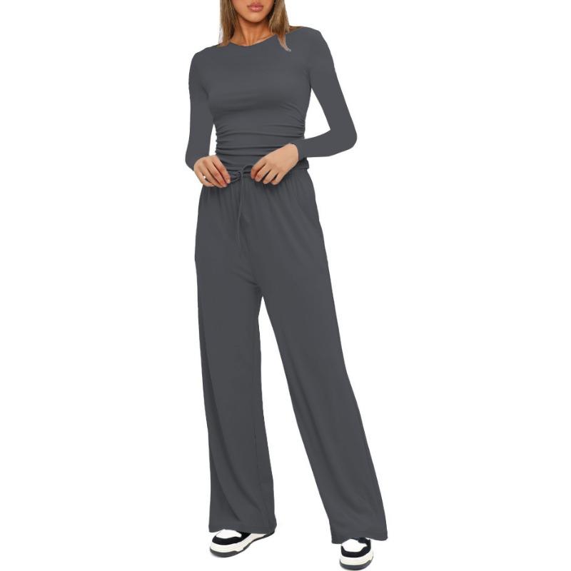 Autumn Women's Casual Pant Suit Pleated Decoration Solid Color Long Sleeve Top High Waisted Wide Leg Pants Sweatshirt