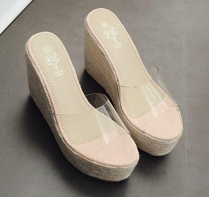 Fashion Women's New Style Hemp Rope Straw High Heel Sandals Wedge Heel Shoes Summer Thick Bottom Transparent
