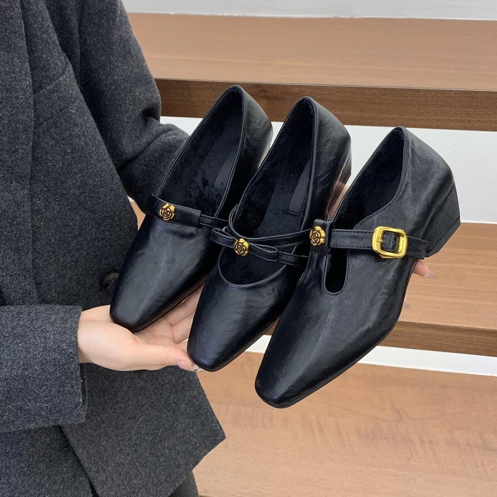 Black Fluffy Shoes Thick Heel Camellia Mary Jane Retro Small Leather Shoes Small Velvet Single Shoes Women's Cotton
