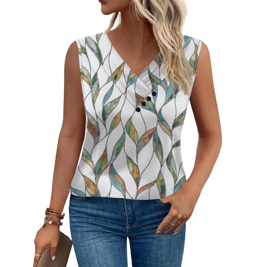 Débardeur à Imprimé Floral Vintage pour Femme Été T-shirt Boutonné à Col en V Sans Manches Ample Haut de Mode
