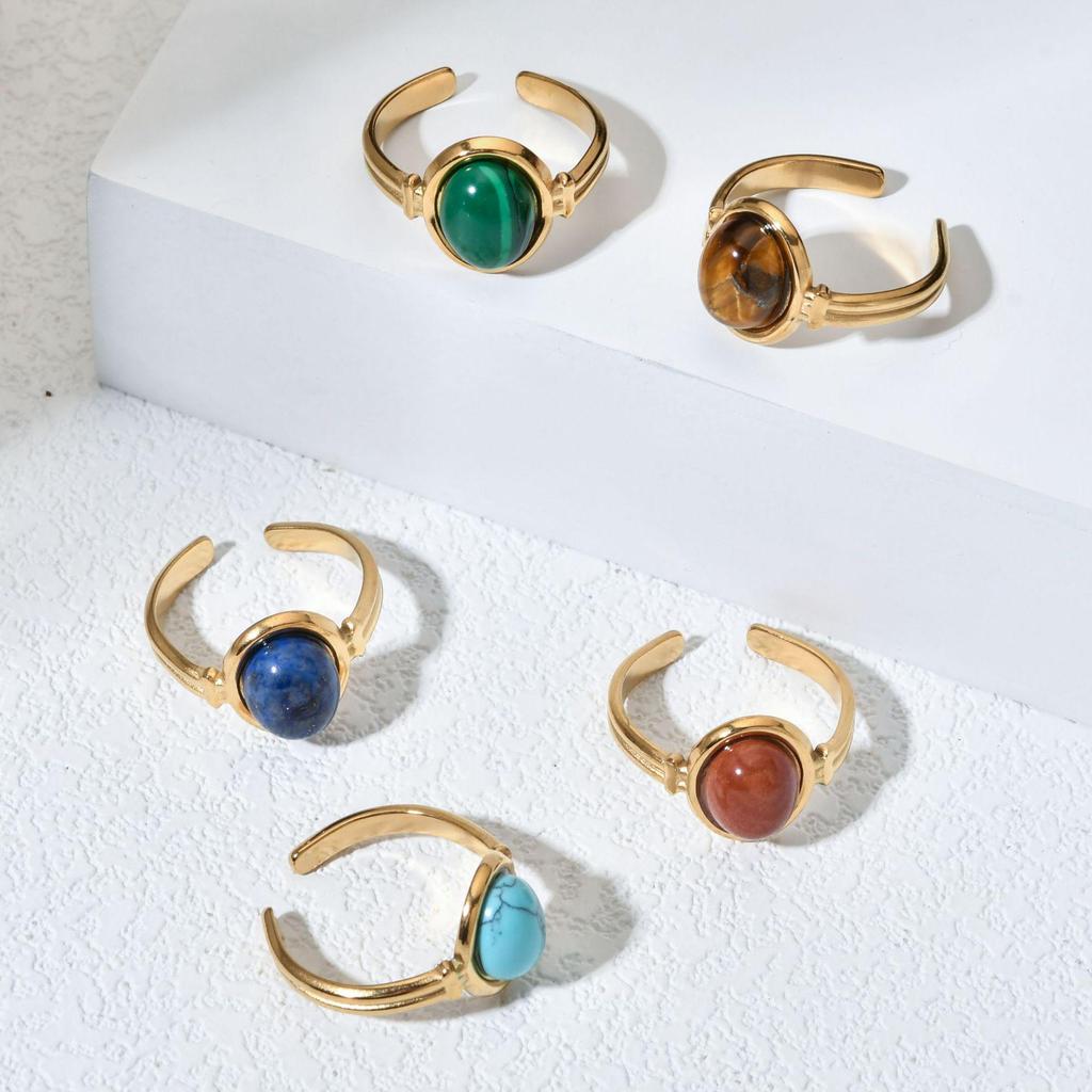 Bague ouverte ovale en pierre semi-précieuse – Bague tendance en acier titane résistant à la lumière pour femme